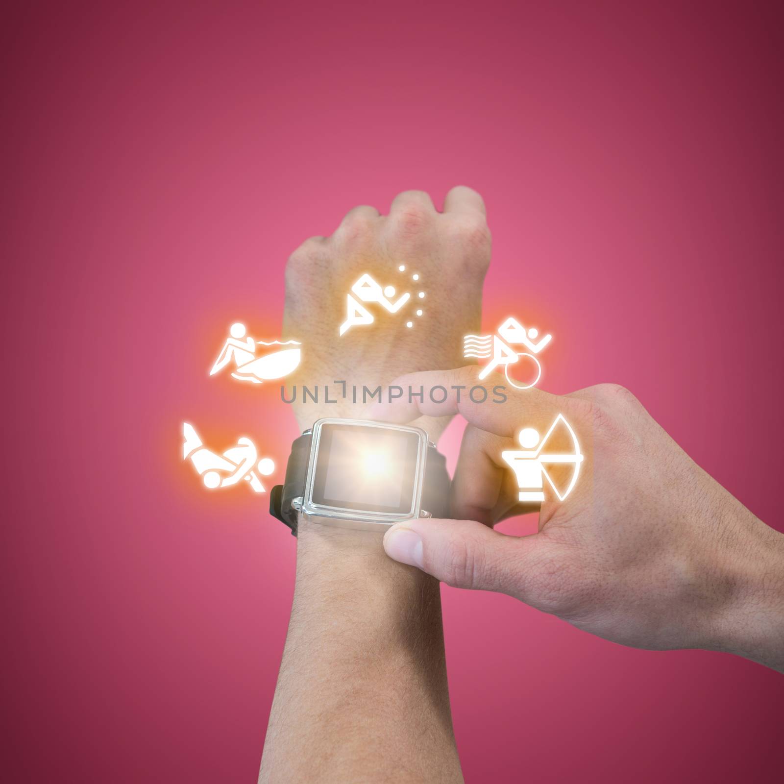 Composite image of cropped image of man using watch by Wavebreakmedia