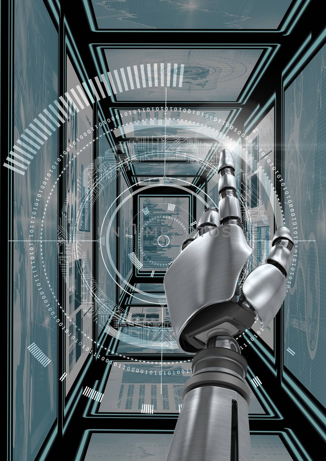 Robot hand interacting with technology interface panels by Wavebreakmedia