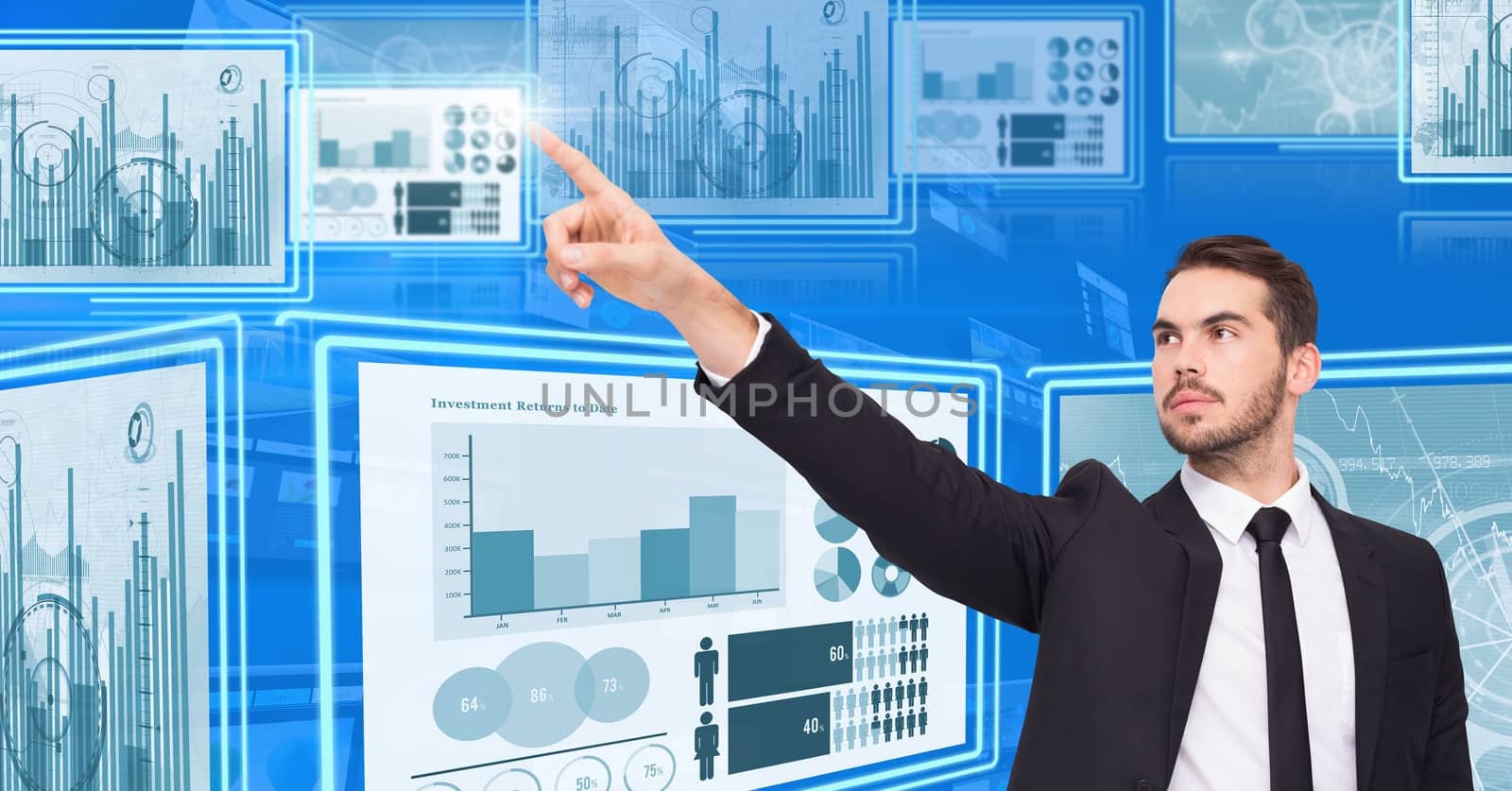 Digital composite of Businessman touching and interacting with technology interface panels