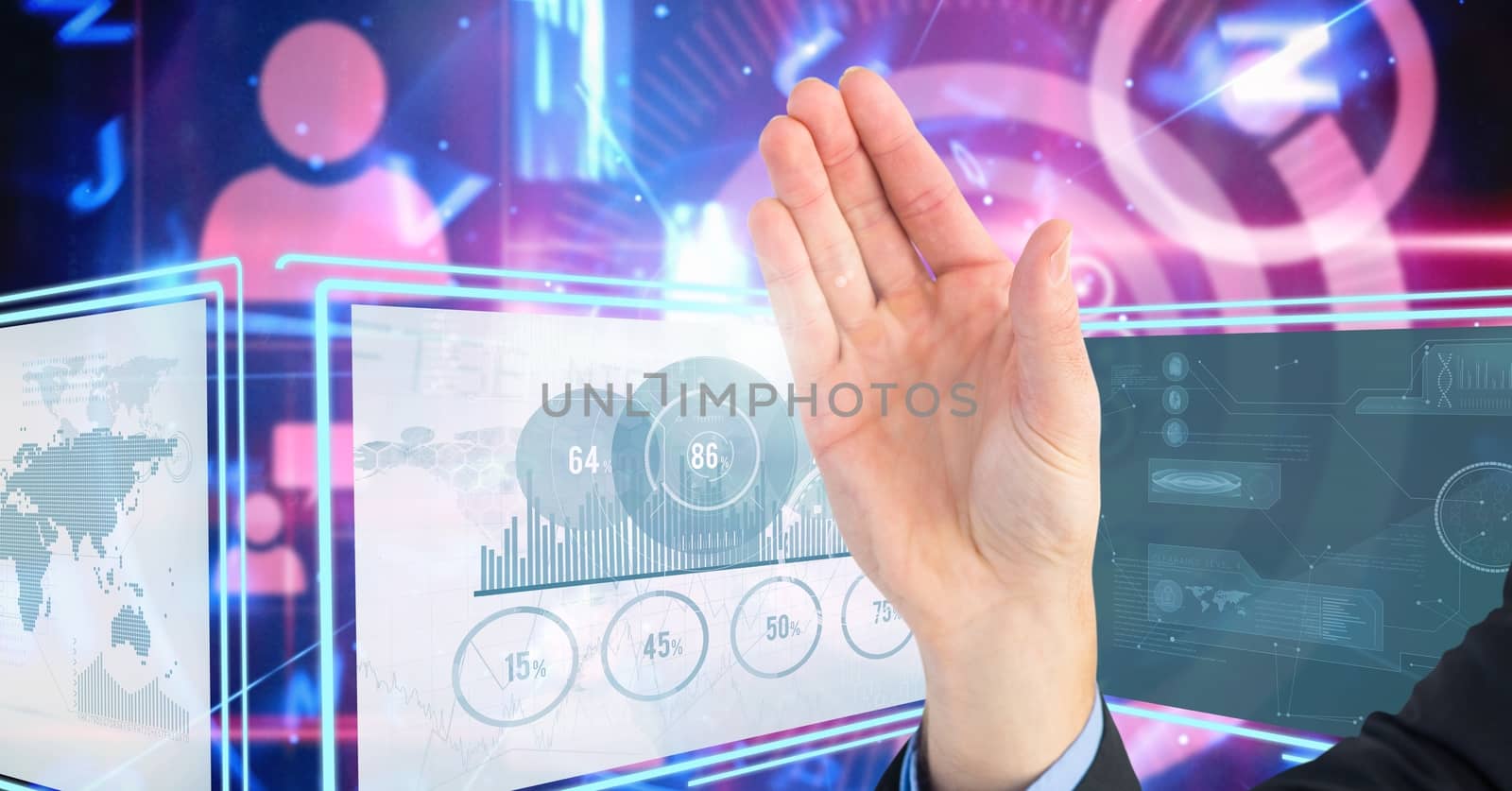 Digital composite of Hand touching and interacting with technology interface panels