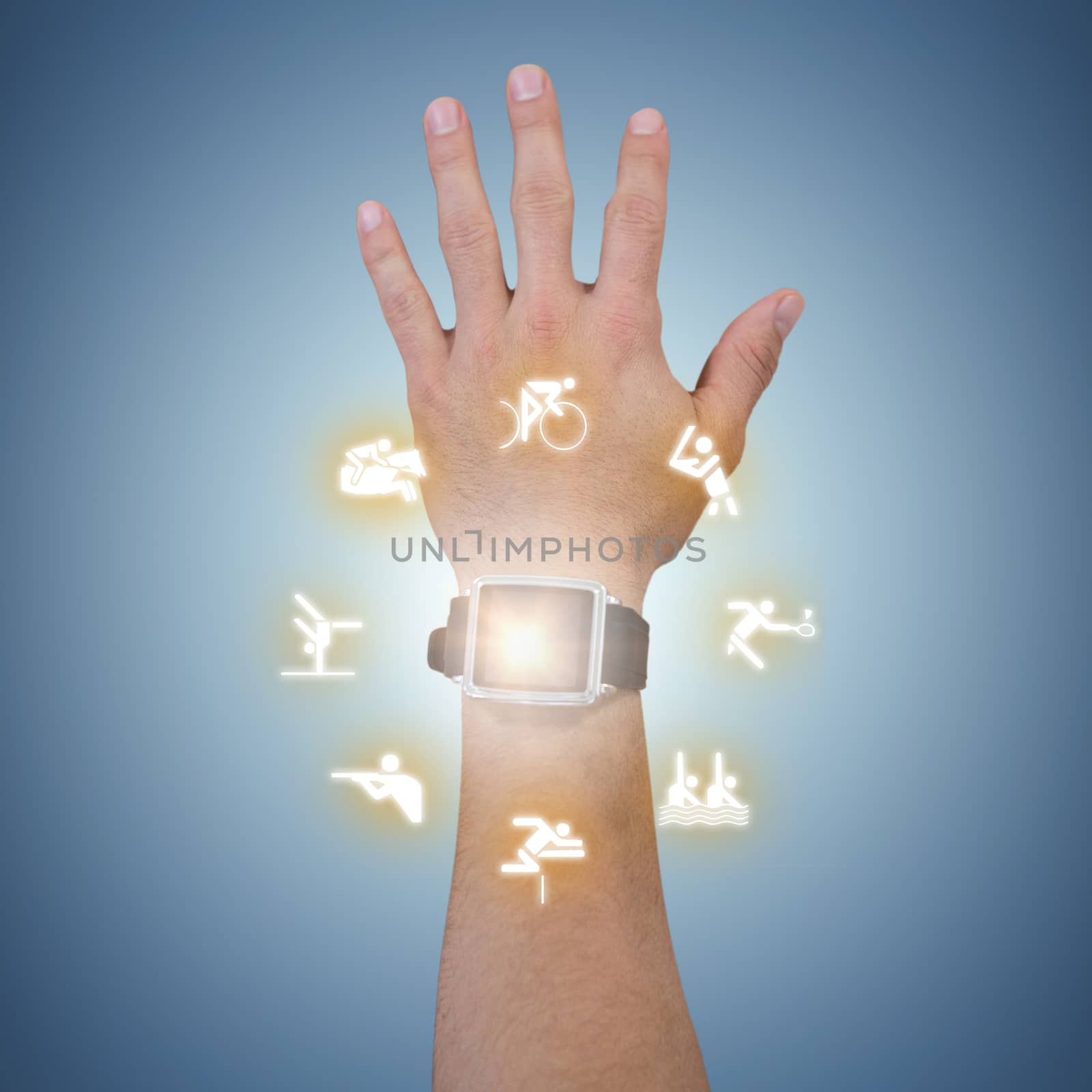 Composite image of cropped hand of man wearing smart watch by Wavebreakmedia