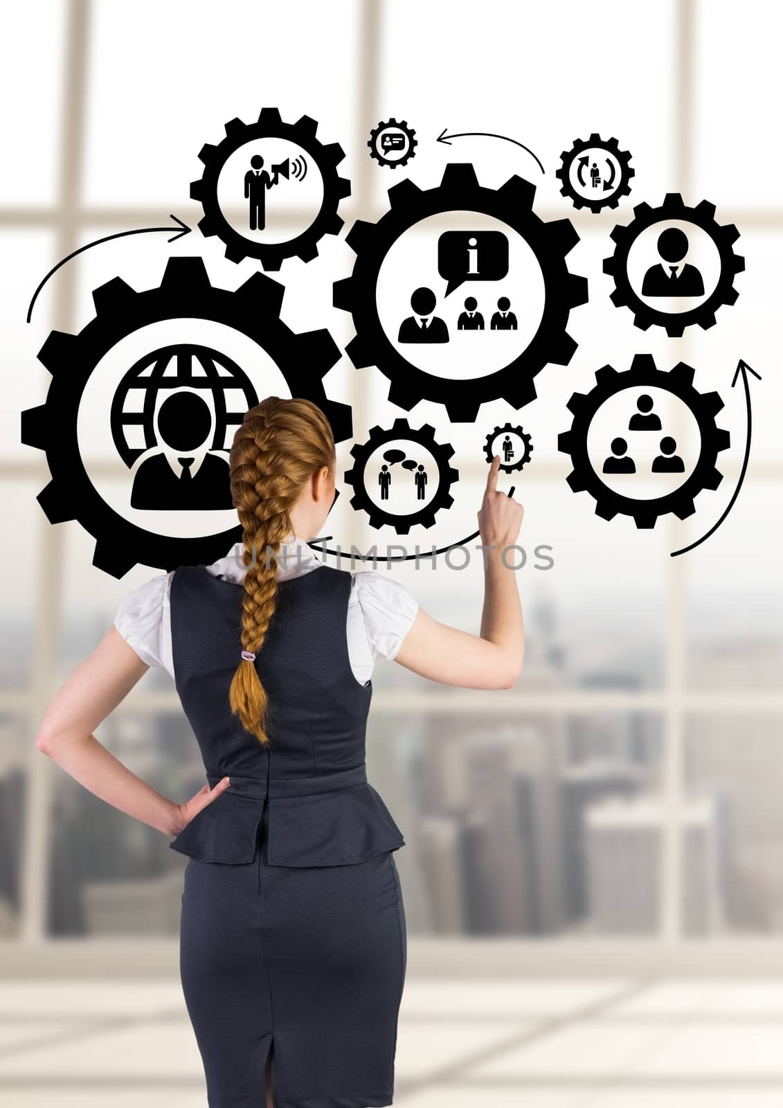 Business woman interacting with people in cogs graphics against office background by Wavebreakmedia