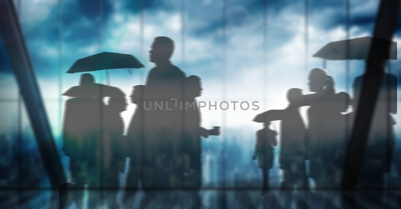 Digital composite of Silhouette of group of people with umbrellas over windows transition