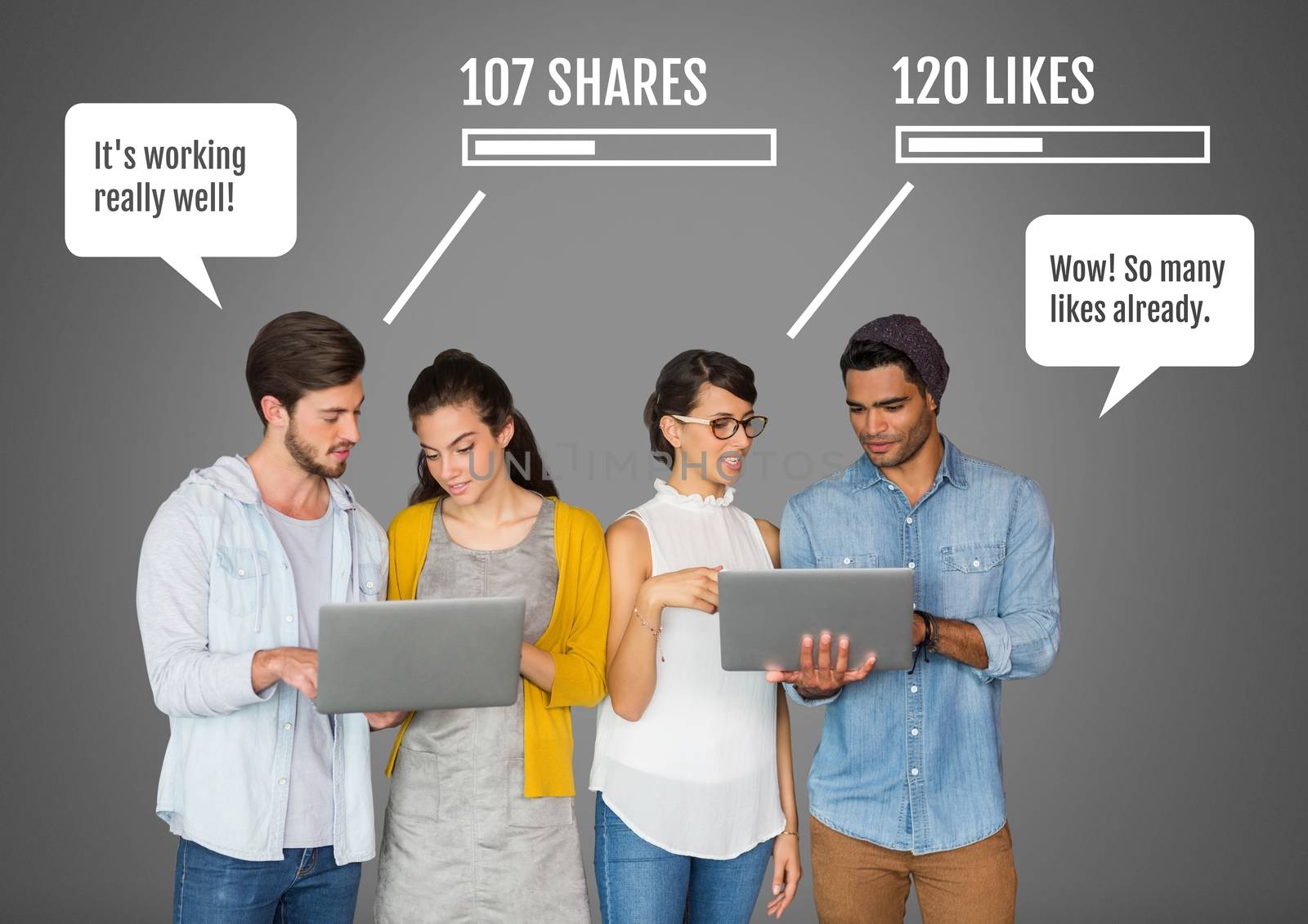 People on laptops with shares and likes Social media interfaces by Wavebreakmedia