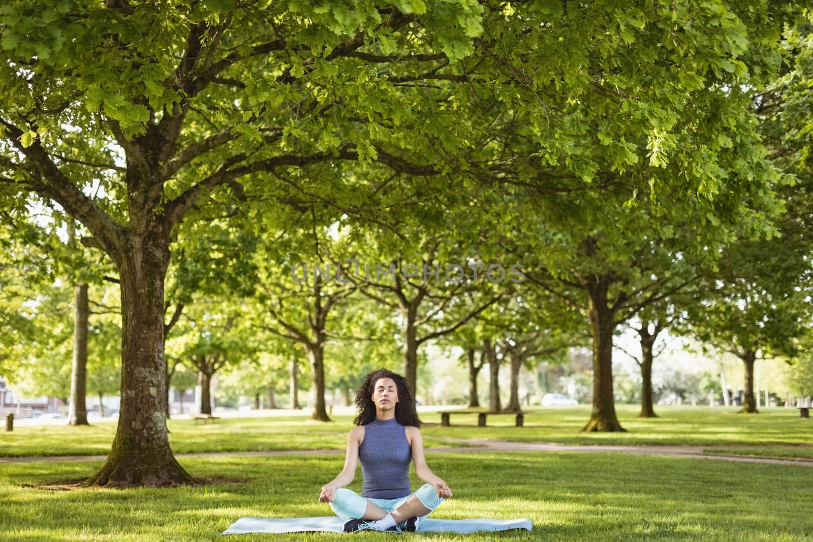 Woman performing yoga in the park on a sunny day