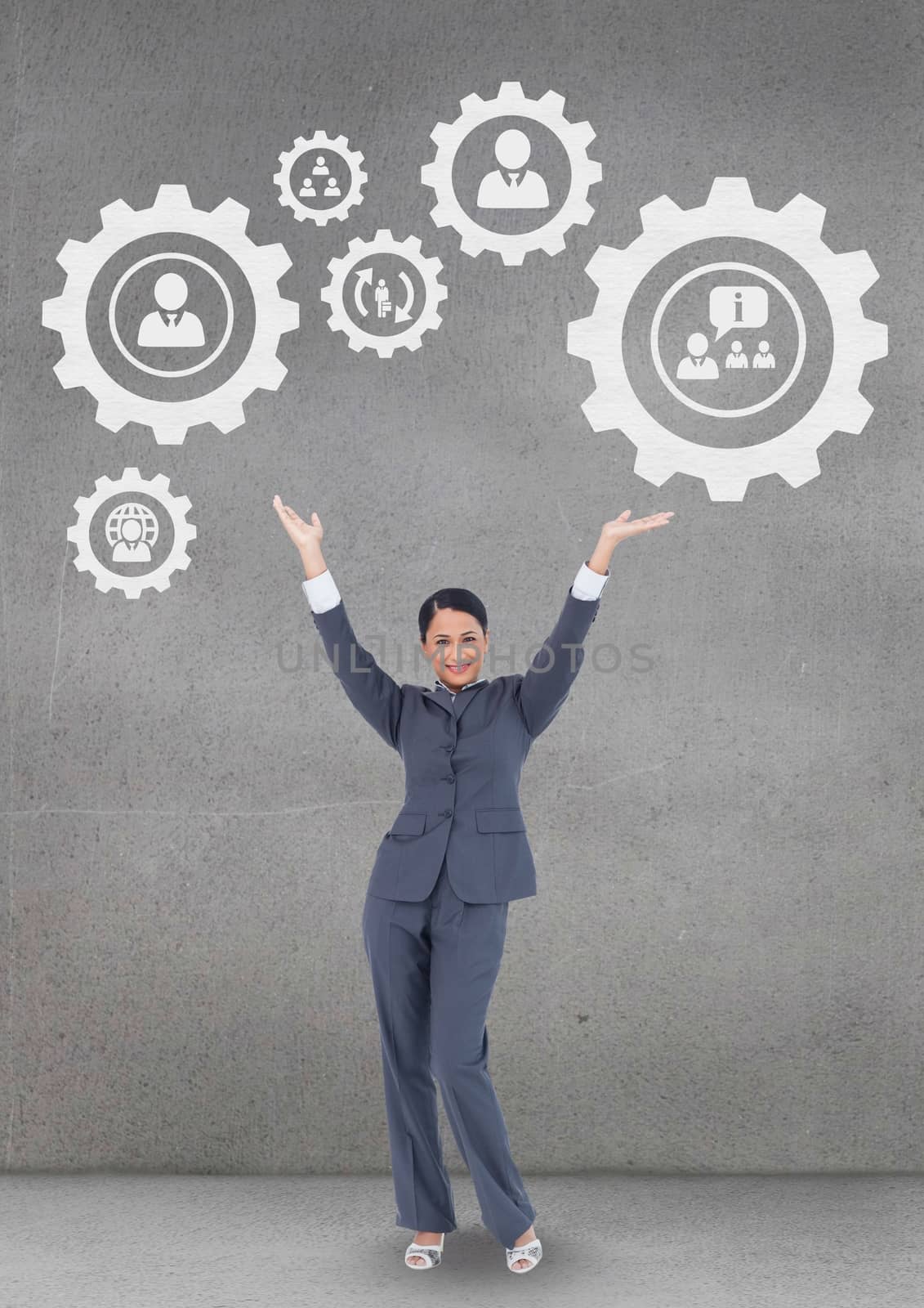 Digital composite of Business woman interacting with people in cogs graphics against grey background