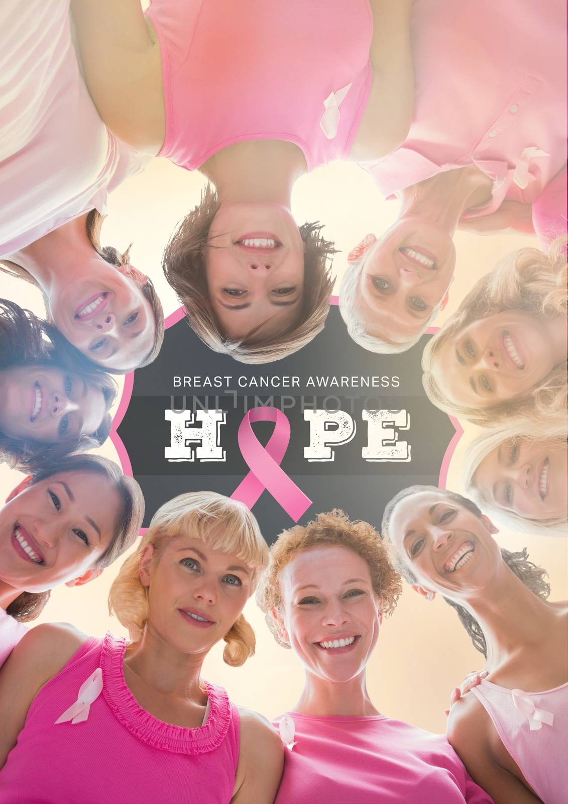 Digital composite of Hope text with breast cancer awareness women together