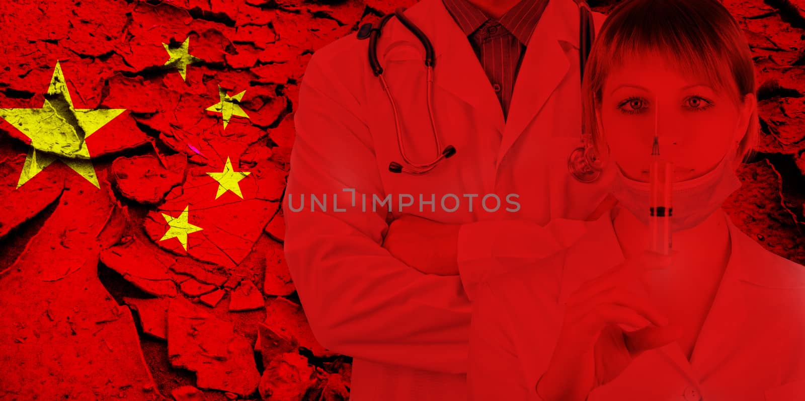 Male and female doctor on China flag background. Concept of corona virus.