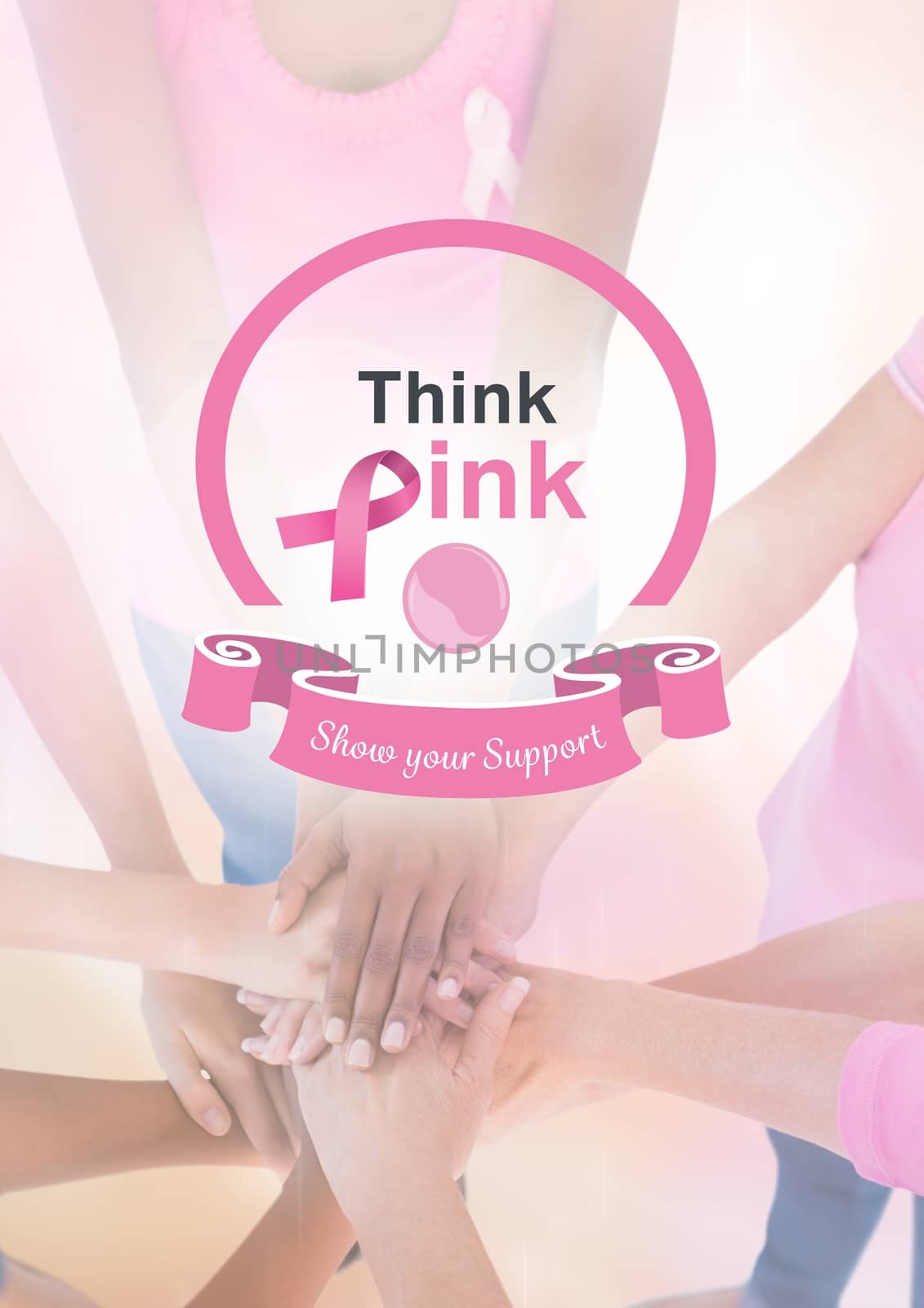 Digital composite of Think pink support text with breast cancer awareness women putting hands together