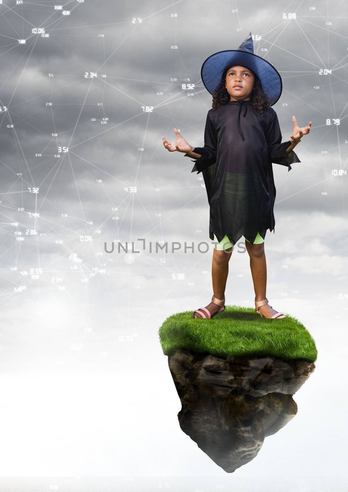 Young witch halloween Girl on floating rock platform  in sky with connectors interface by Wavebreakmedia