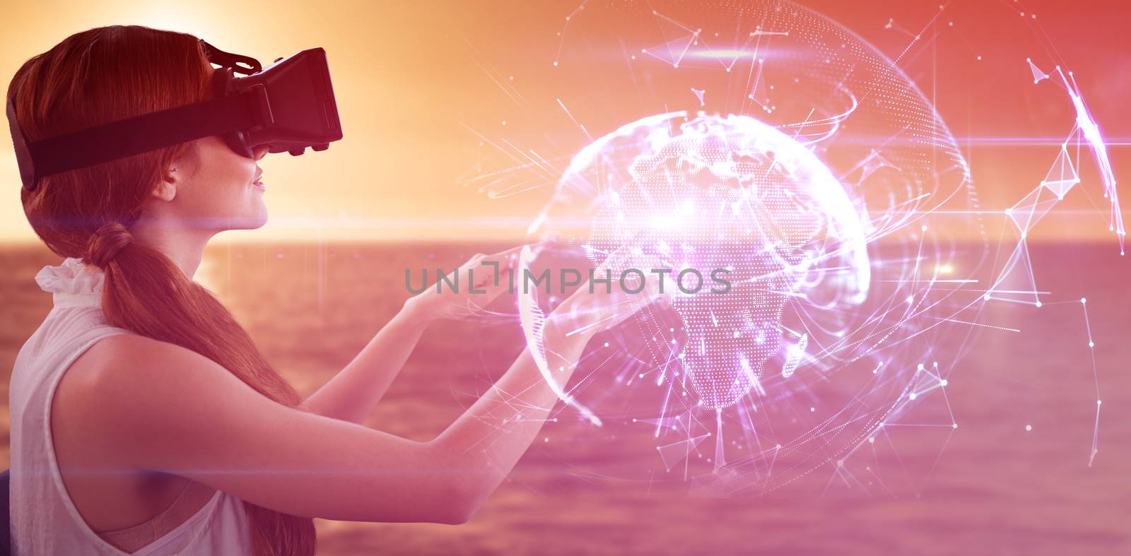 Side view of young woman gesturing while using virtual reality simulator against global technology background in purple