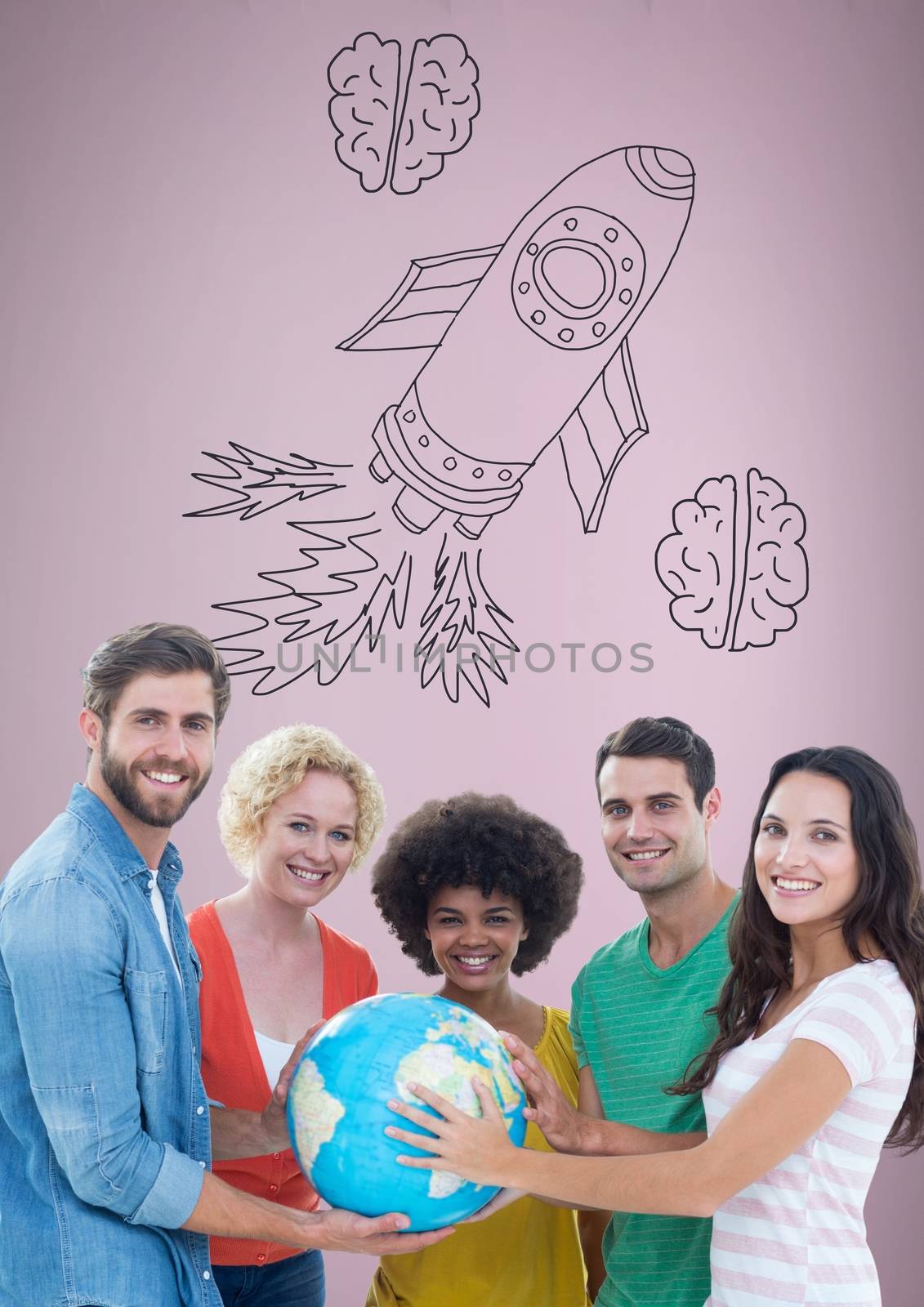 Digital composite of Creative people holding world globe with hand-drawn rocket and brains