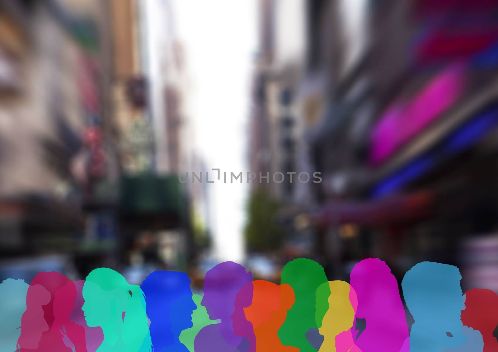 Digital composite of color silhouette of people on street