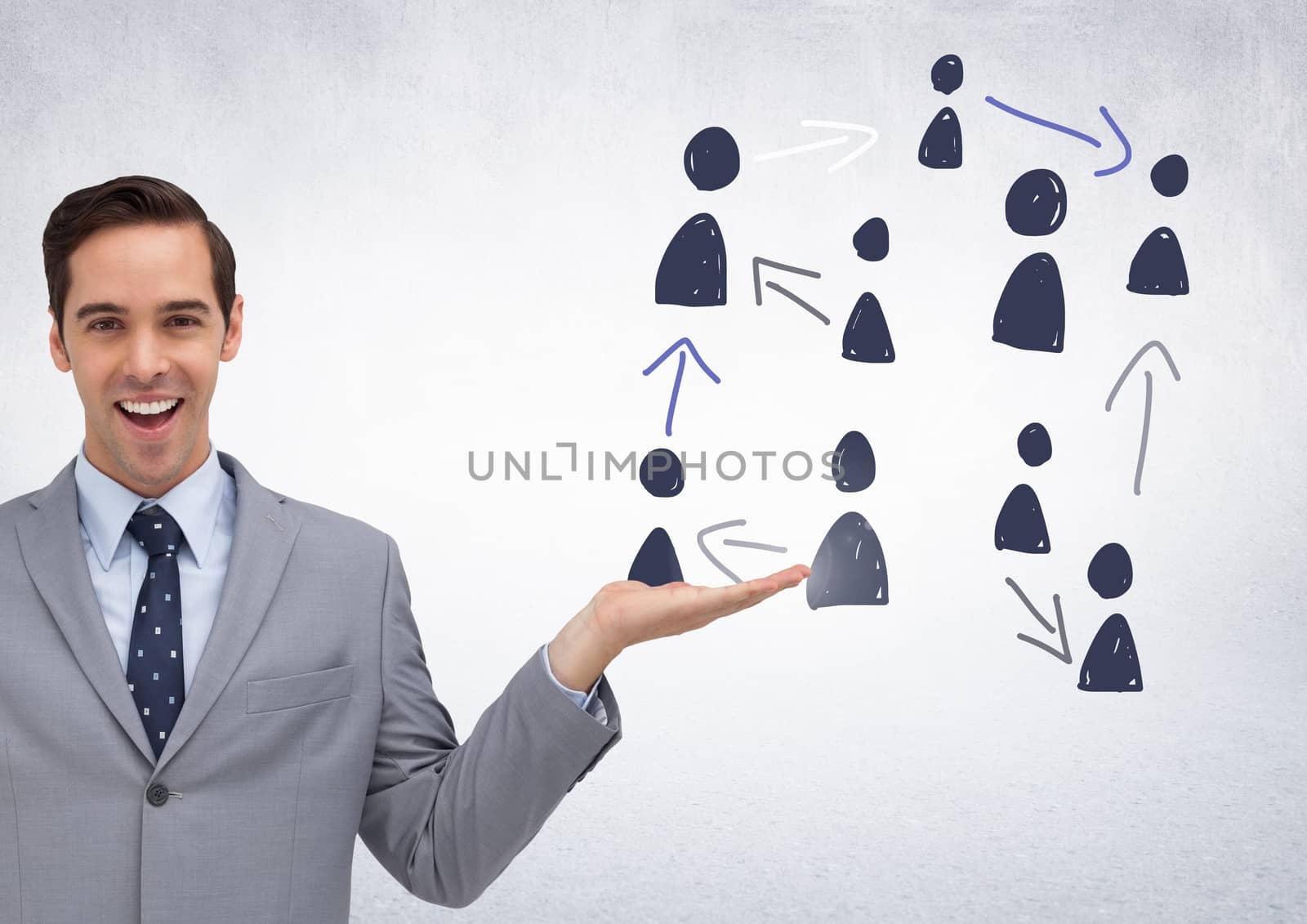 Digital composite of Hand-drawn people profile icons with open hand of businessman