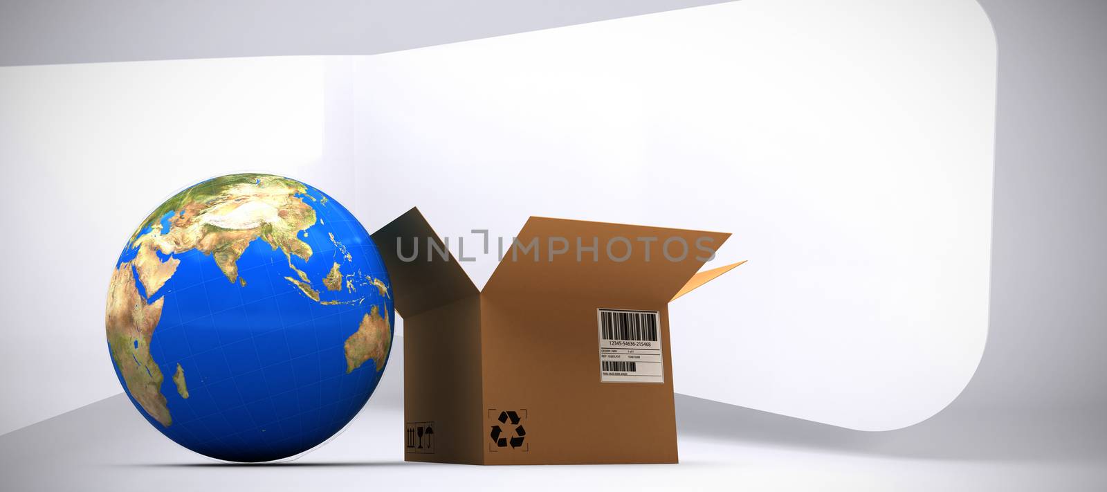 World map and brown box against abstract room
