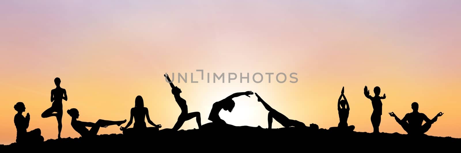 Digital composite of yoga group silhouette at sunset