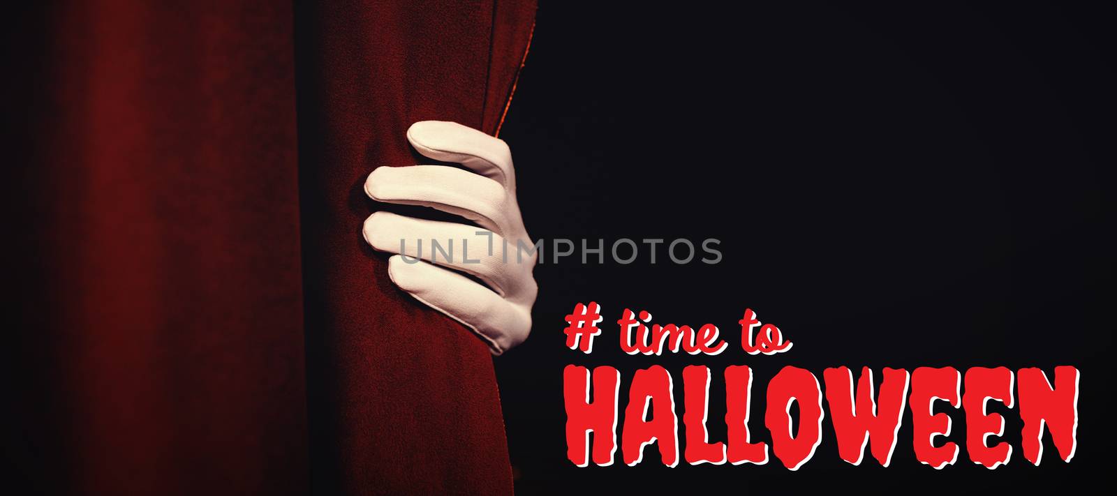 Digital composite image of time to Halloween text against cropped hand in glove holding curtain