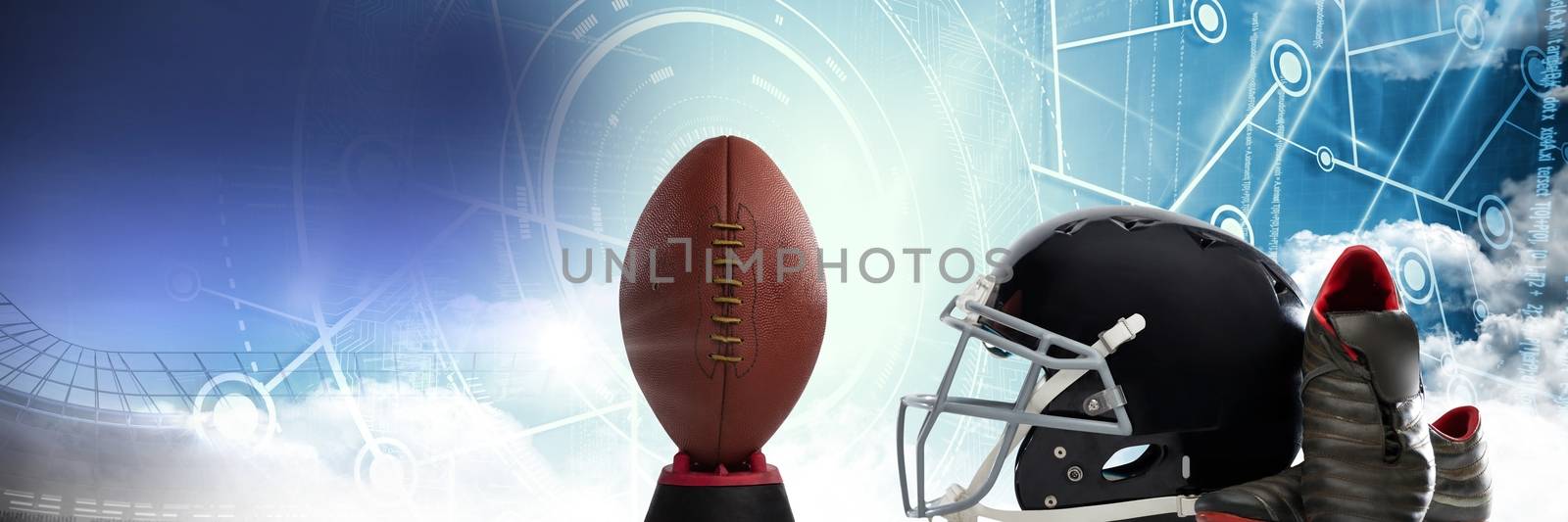 American football helmet ball and gear with technology transition by Wavebreakmedia