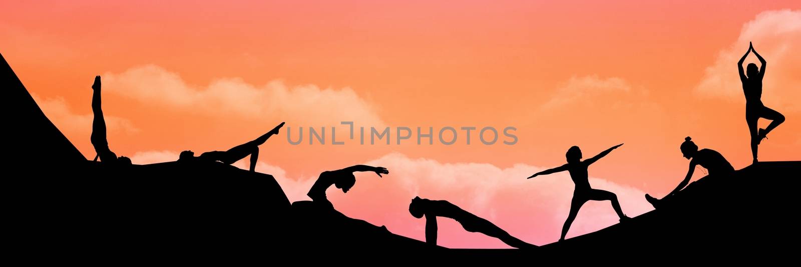 Digital composite of yoga group silhouette at sunset