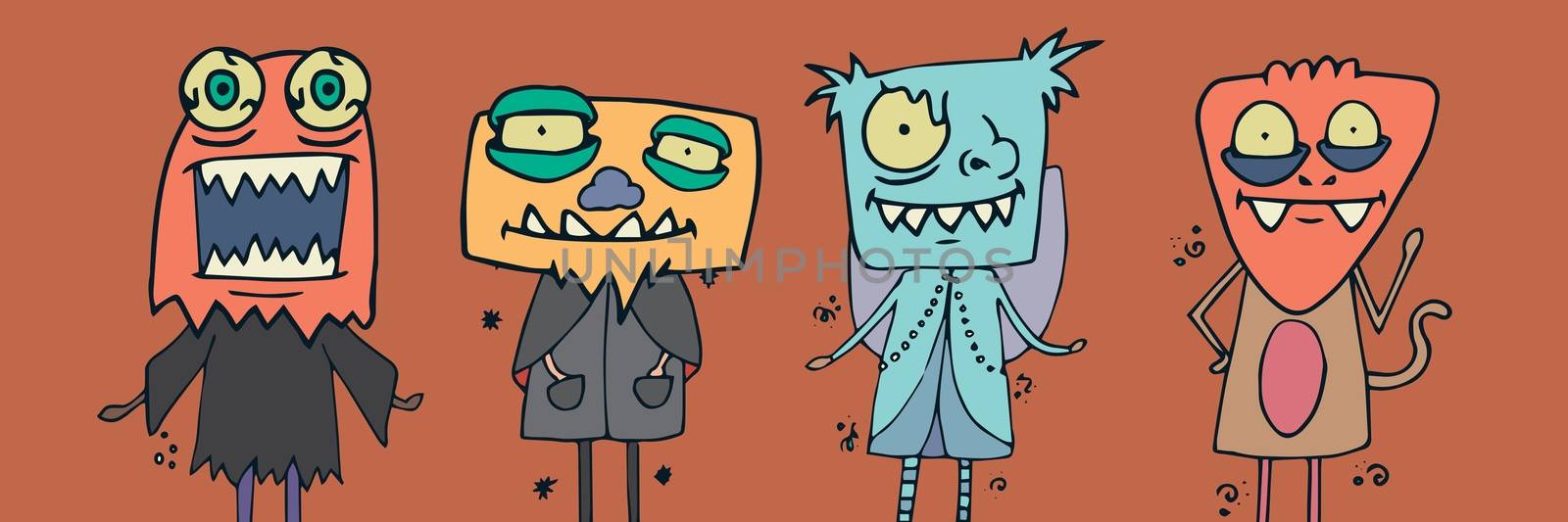 Monster illustrations in Halloween costumes by Wavebreakmedia