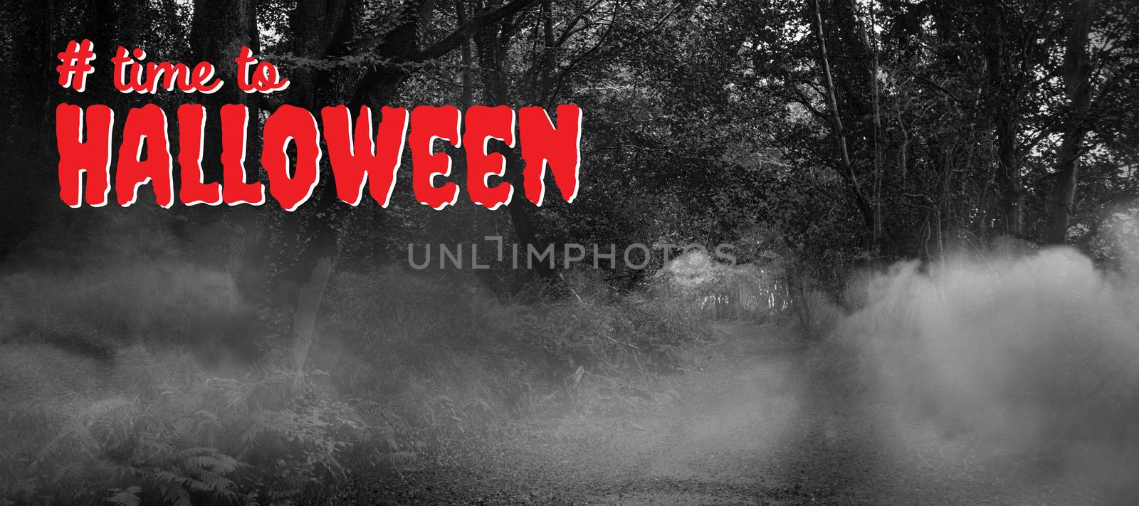 Digital composite image of time to Halloween text against way between trees