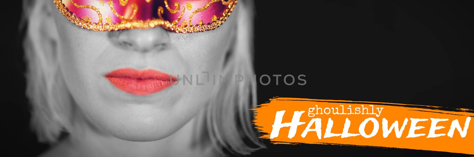 Graphic image of ghoulishly Halloween text against close-up portrait of woman in masquerade mask