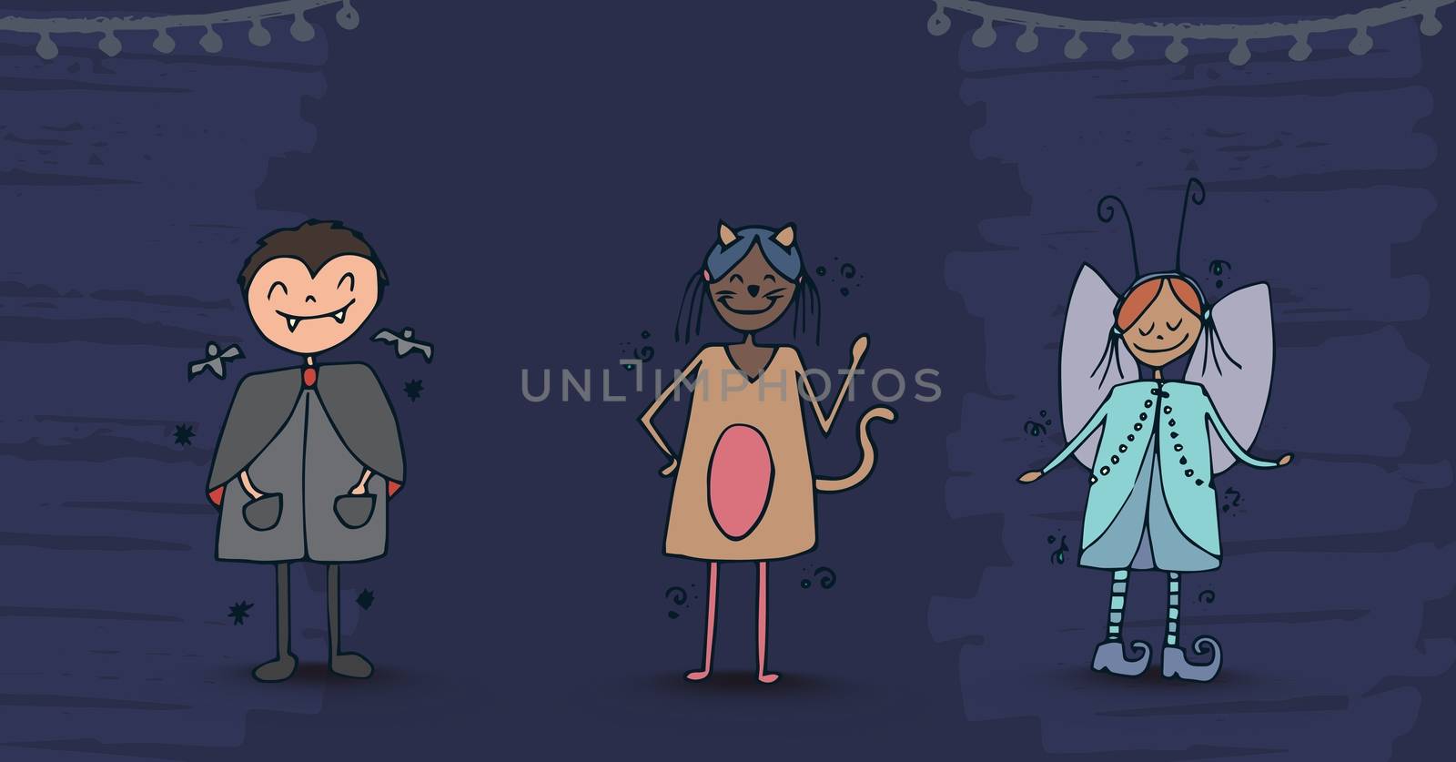 Digital composite of Children in Halloween costumes illustrations