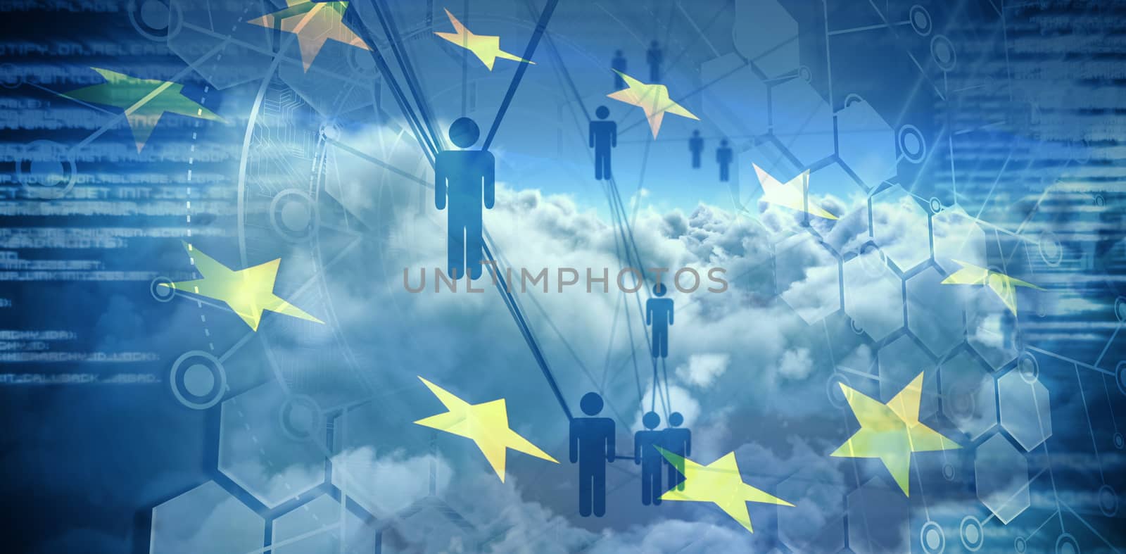 People icons and binary codes against digitally generated image of european union flag and clouds