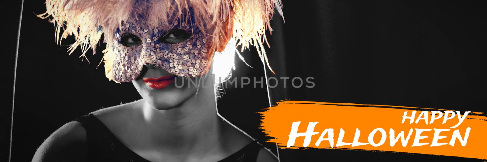Digital image of happy Halloween text against portrait of woman in masquerade mask and wig
