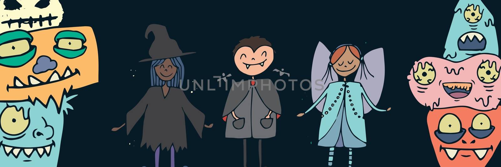 Digital composite of Halloween costume children and monsters illustrations