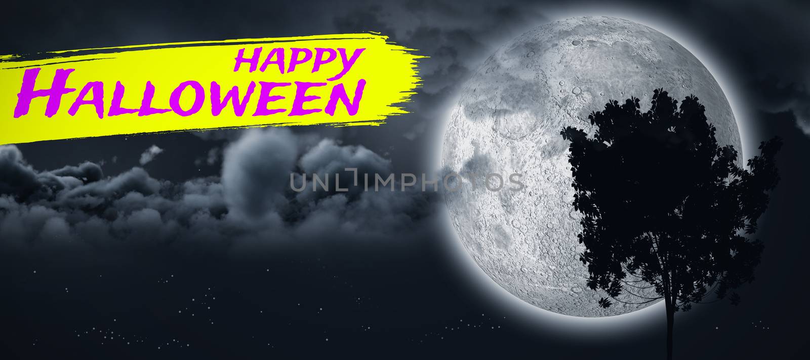 Digital image of happy Halloween text against moon shining behind a tree and clouds 