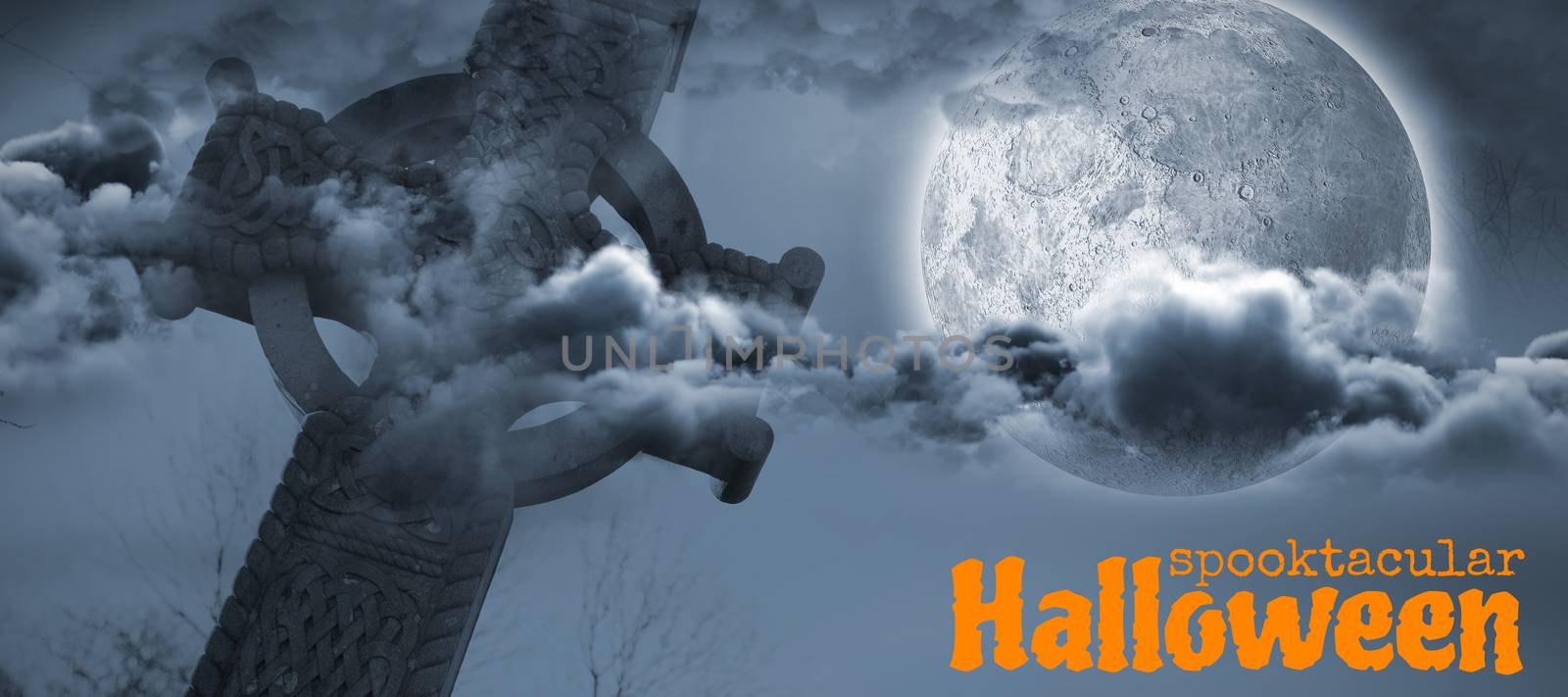 Graphic image of spooktacular Halloween text against celtic cross in front of moon behind clouds 