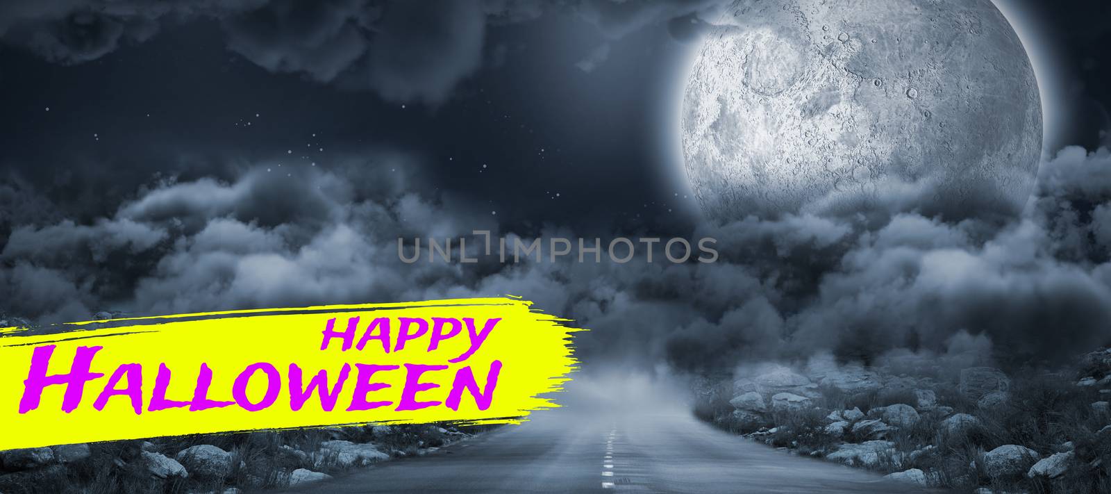 Digital image of happy Halloween text against landscape of a road between stone in front of the moon 
