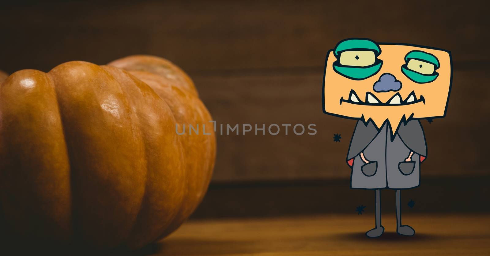 Monster cartoon standing next to halloween pumpkin by Wavebreakmedia