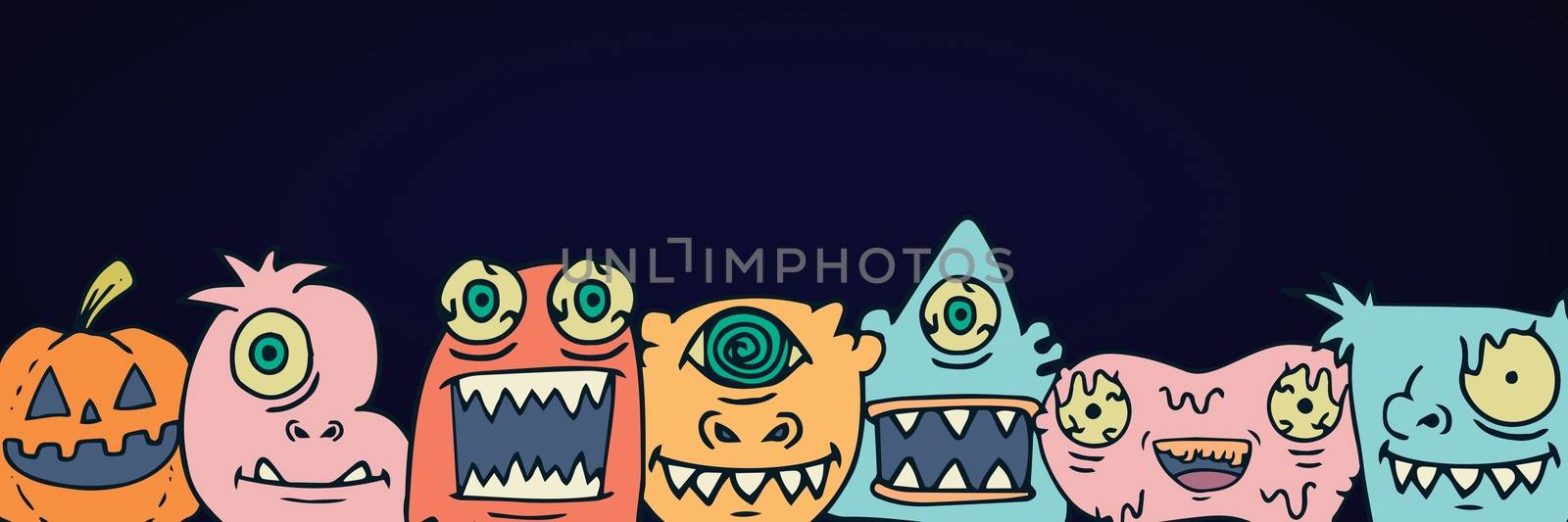 Digital composite of Monster halloween heads illustrations in a row
