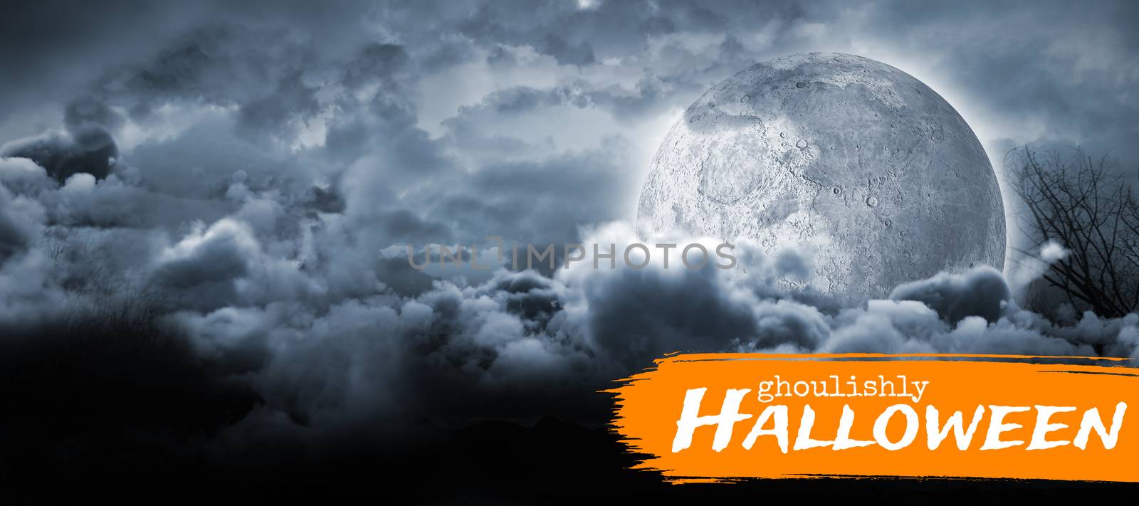 Graphic image of ghoulishly Halloween text against moon lighting the water 
