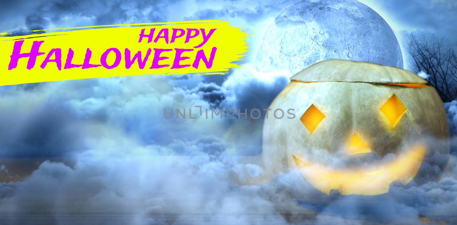 Digital image of happy Halloween text against moon lighting the water 