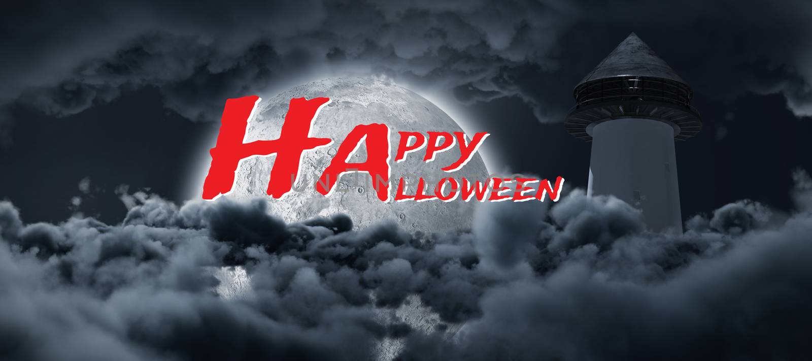 Graphic image of Happy Halloween text against half moon shining between clouds and structure