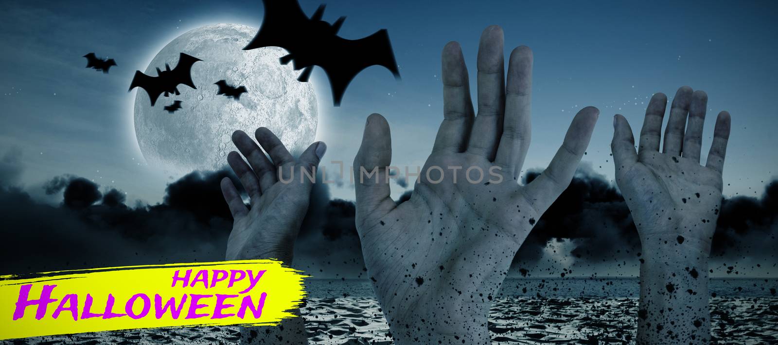 Digital image of happy Halloween text against digital image of bats flying over cropped hands