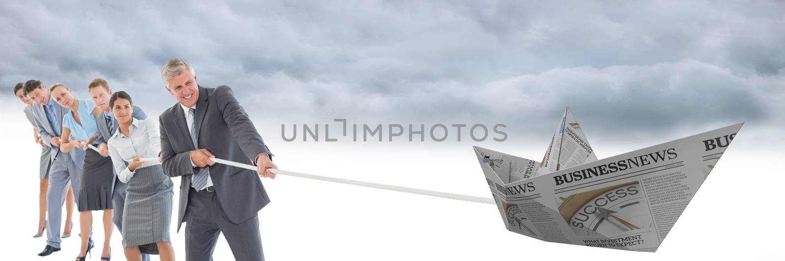 Digital composite of Business people pulling paper boat in sly with rope