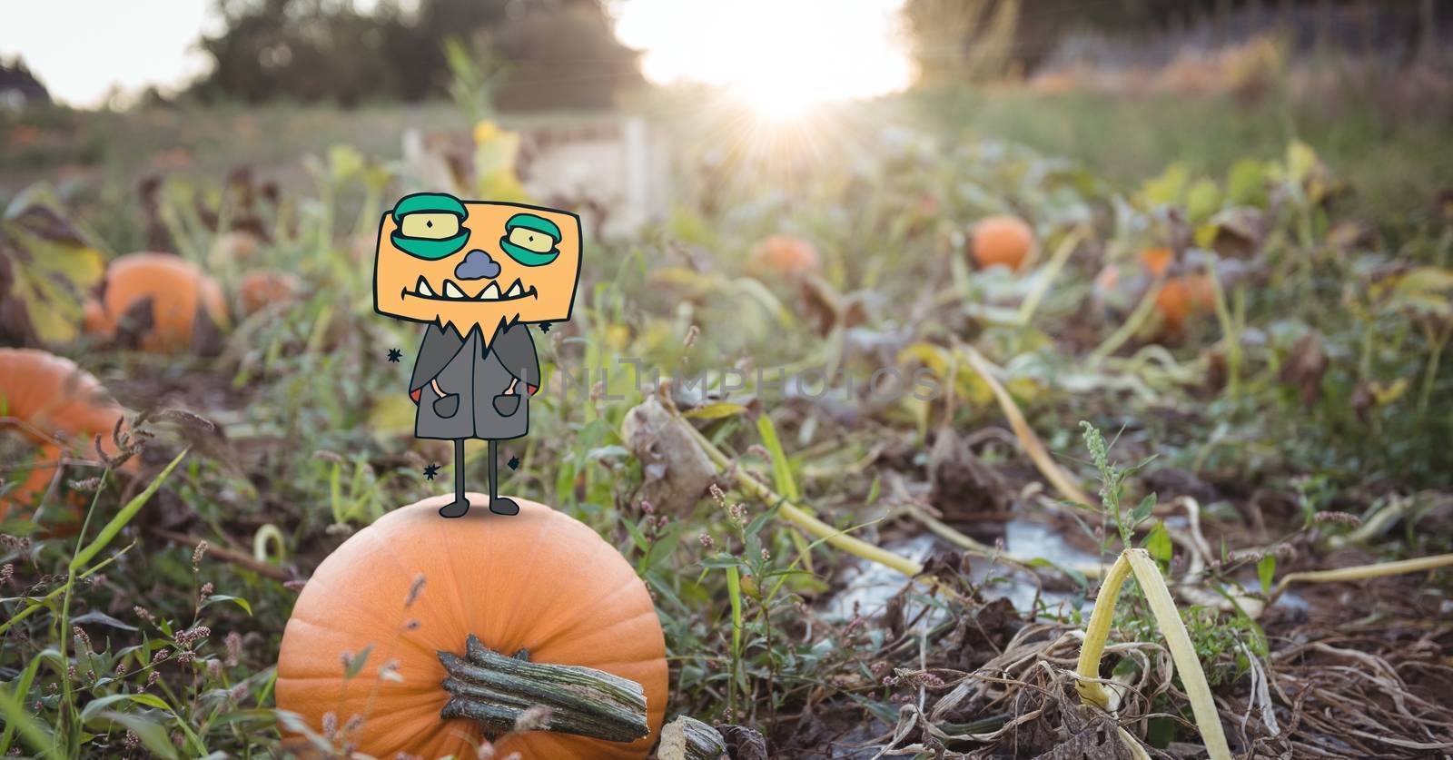 Digital composite of Monster cartoon standing on halloween pumpkin