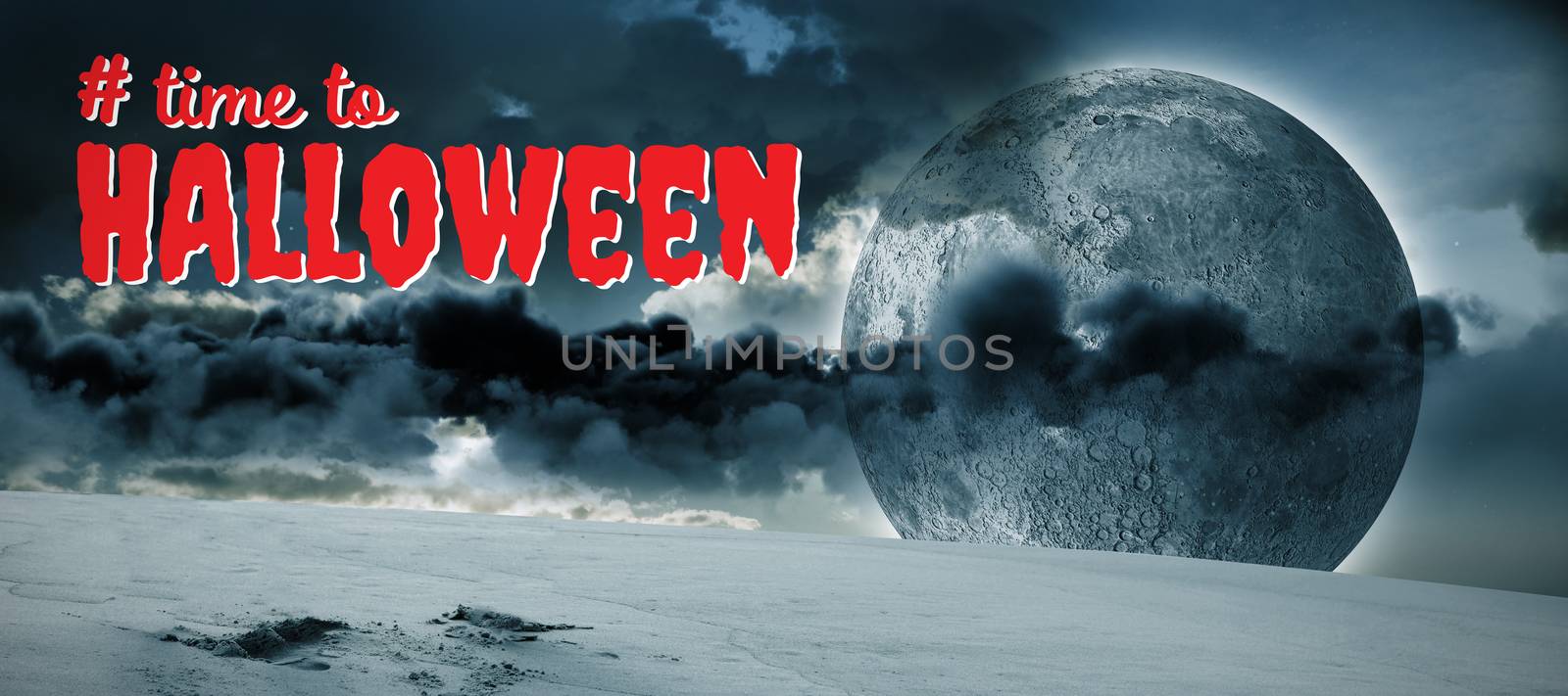 Digital composite image of time to Halloween text against view of landscape and moon