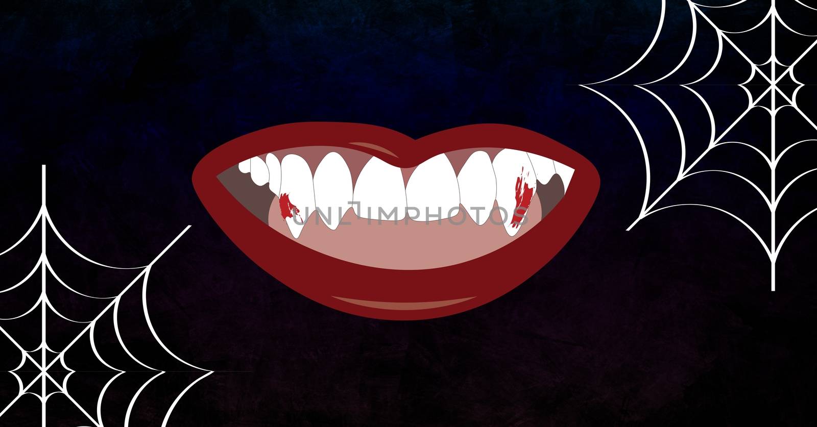 Digital composite of Lipstick with fangs and halloween cobwebs illustrations