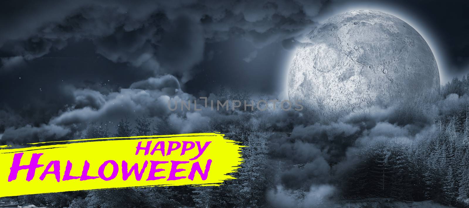 Digital image of happy Halloween text against landscape of lakefront hiding the moon 