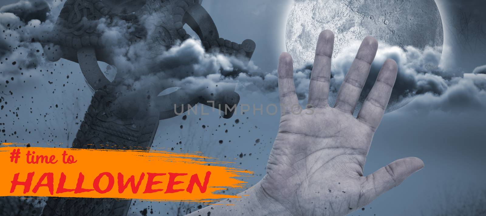 Graphic image of time to Halloween text against hand by side of celtic cross in front of moon