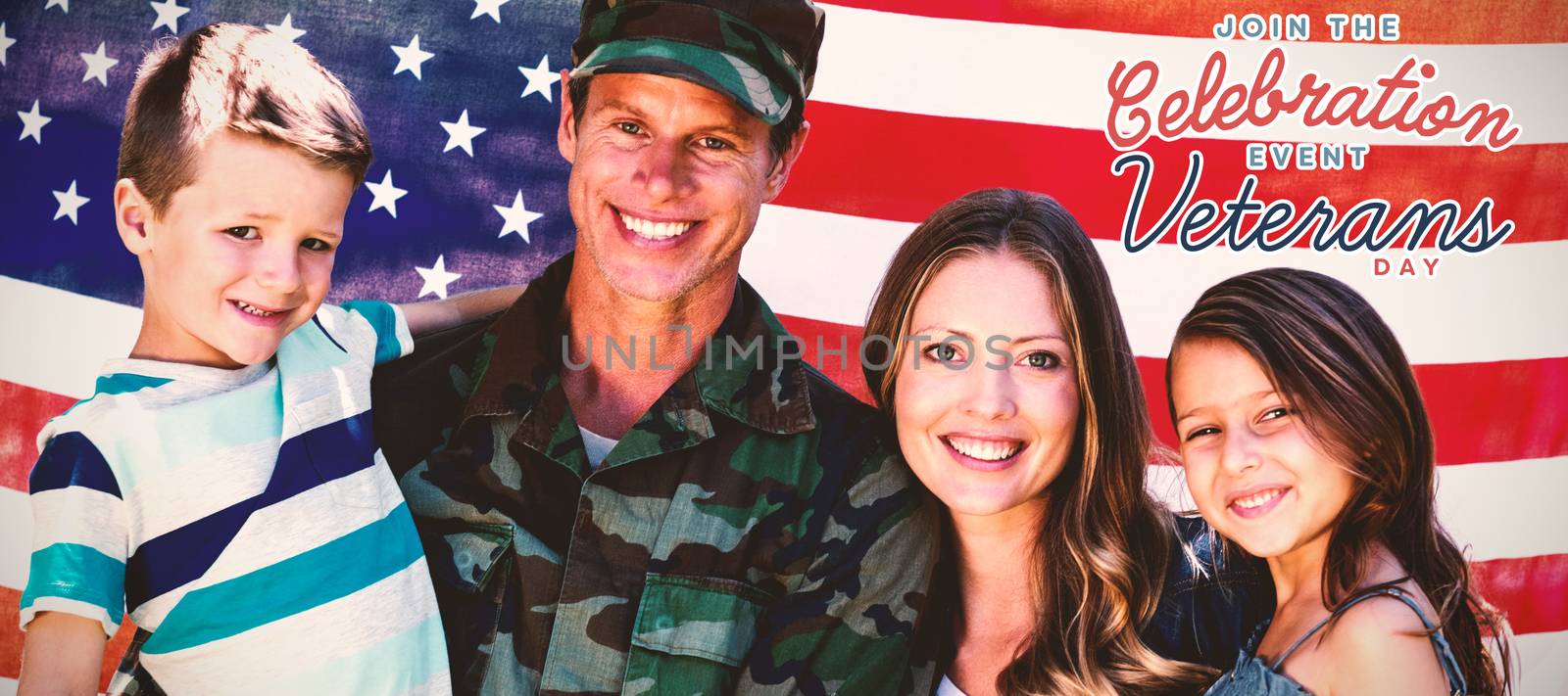 Logo for veterans day in america  against american soldier reunited with his family