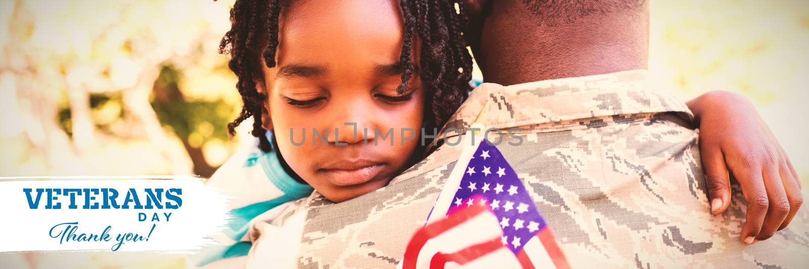 Logo for veterans day in america  against happy family posing together