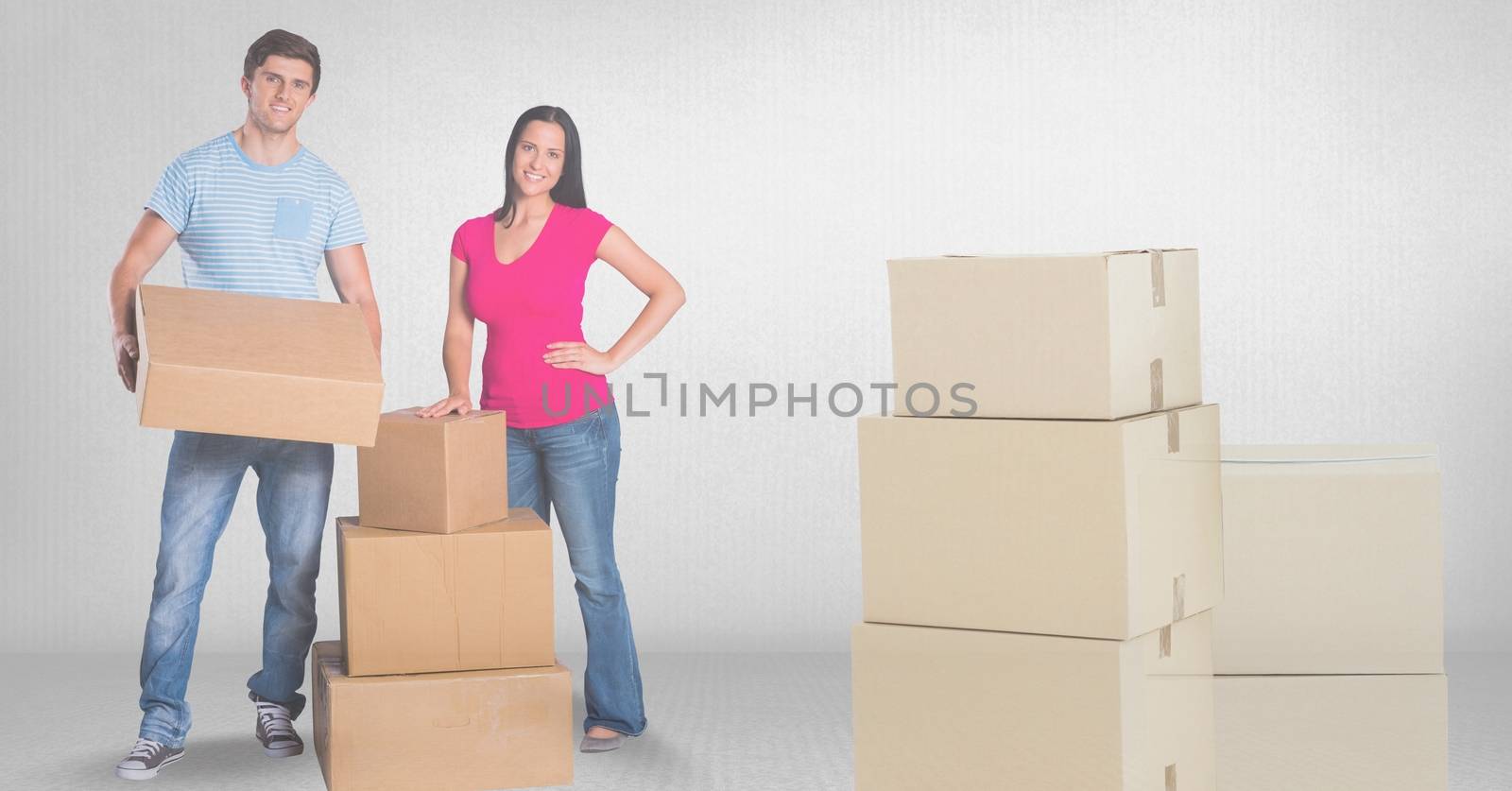 Digital composite of people moving boxes into new home