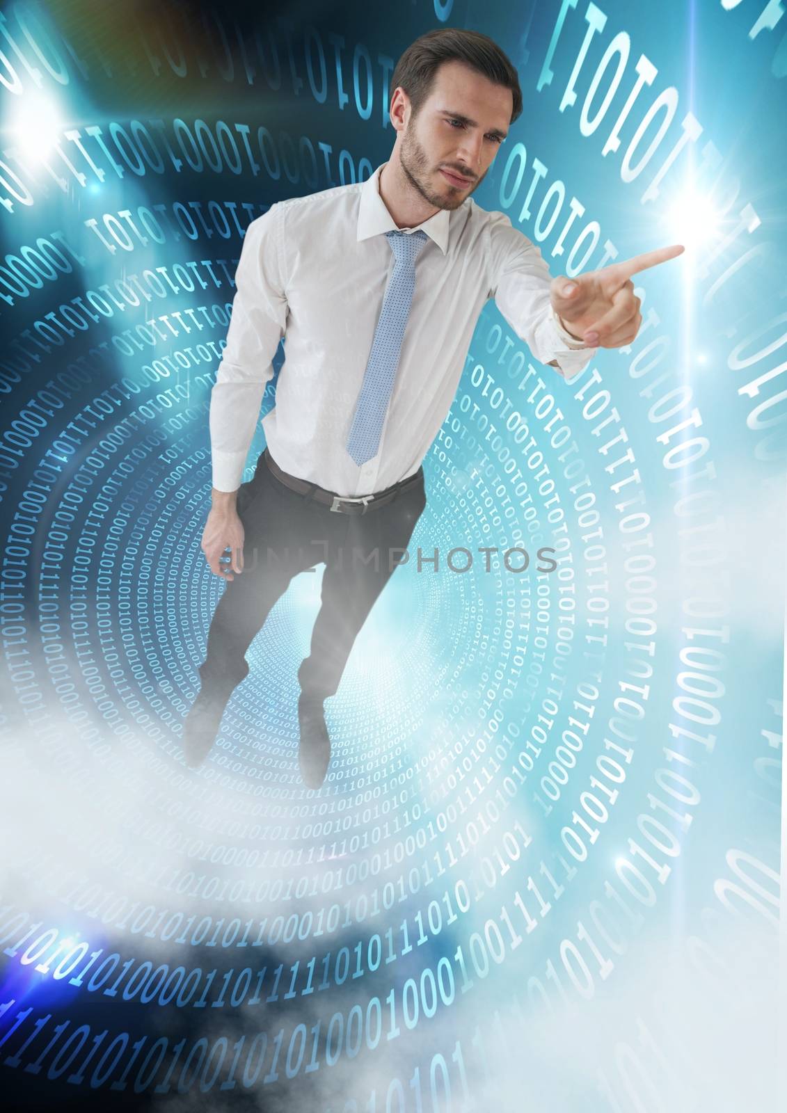 Businessman floating in tunnel of binary technology and touching light by Wavebreakmedia