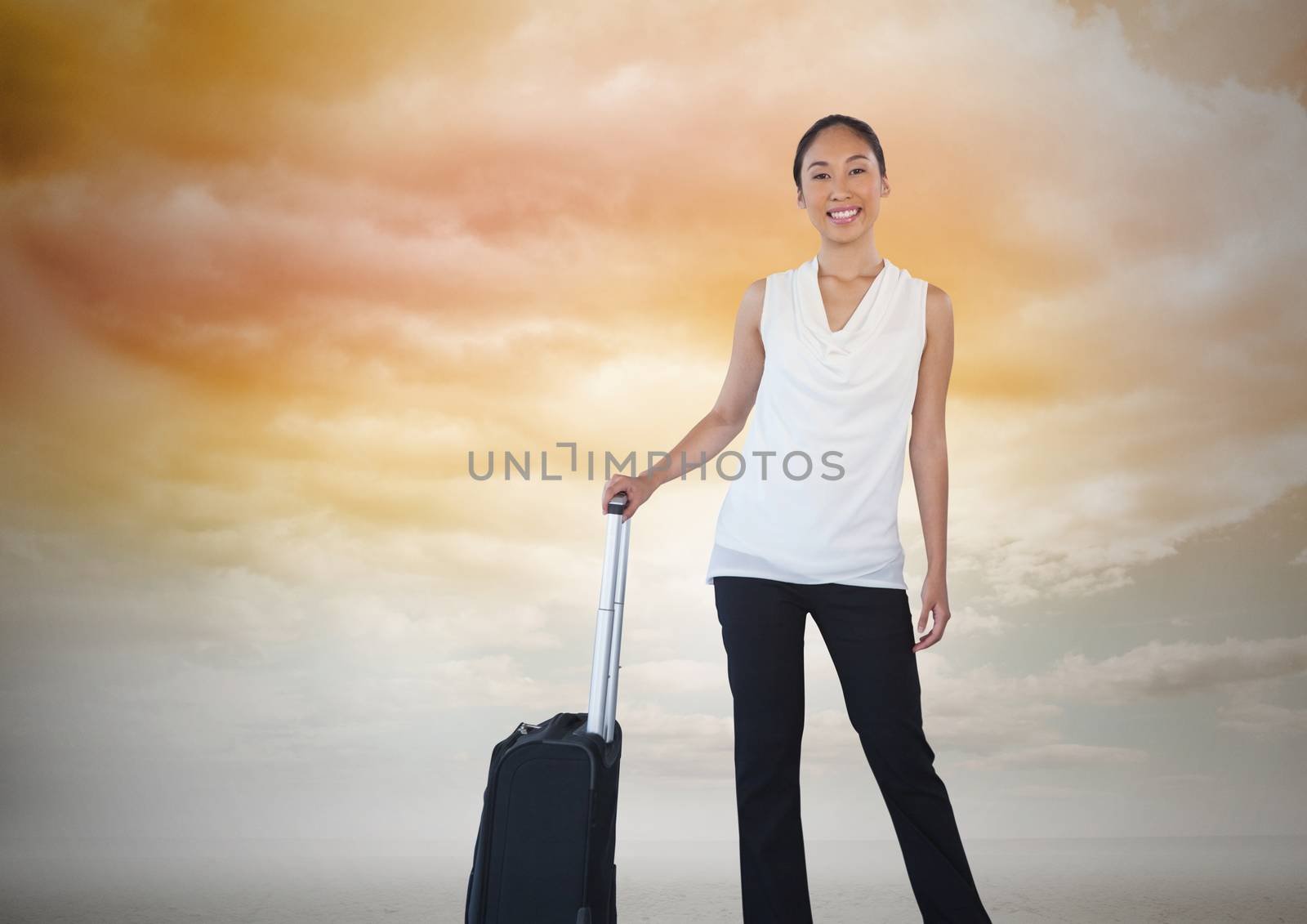 Businesswoman with travel bag and clouds by Wavebreakmedia
